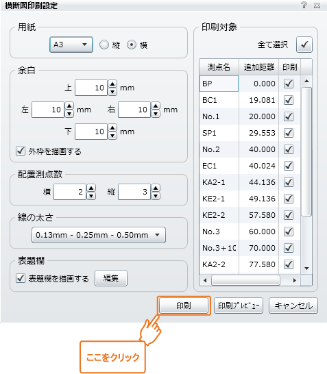 横断図印刷設定画面