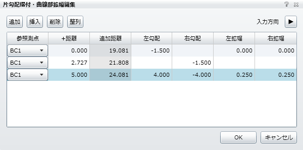 BC1＋5．000mの勾配・拡幅の入力