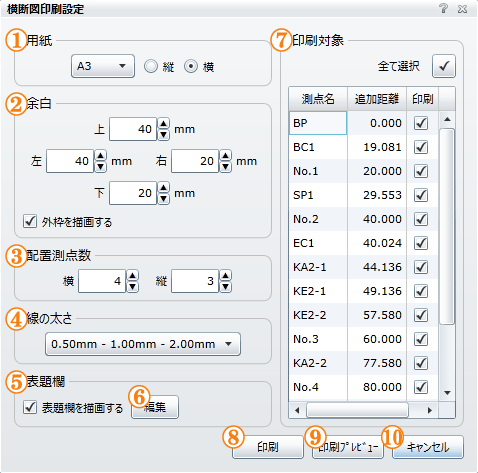 横断図印刷設定画面