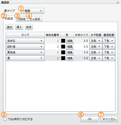 表設定画面