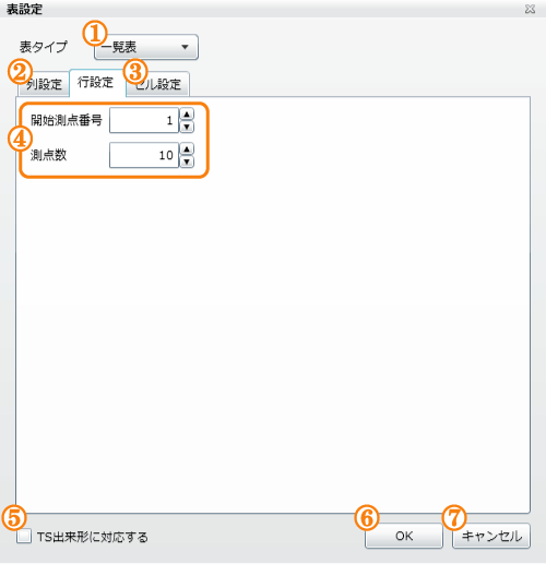「行設定」タブ